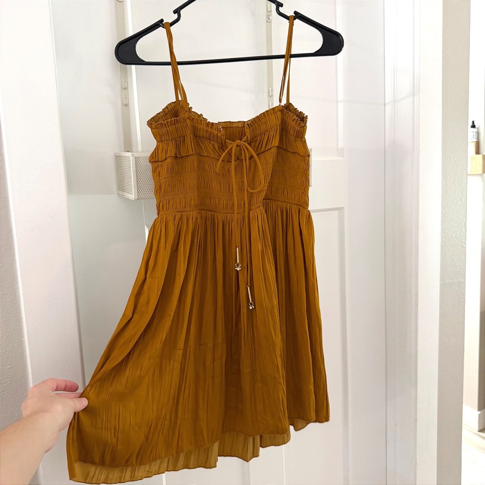 New Free People Juliet Slip Dress Gold Smocked Pleated Mini Small Boho Festival